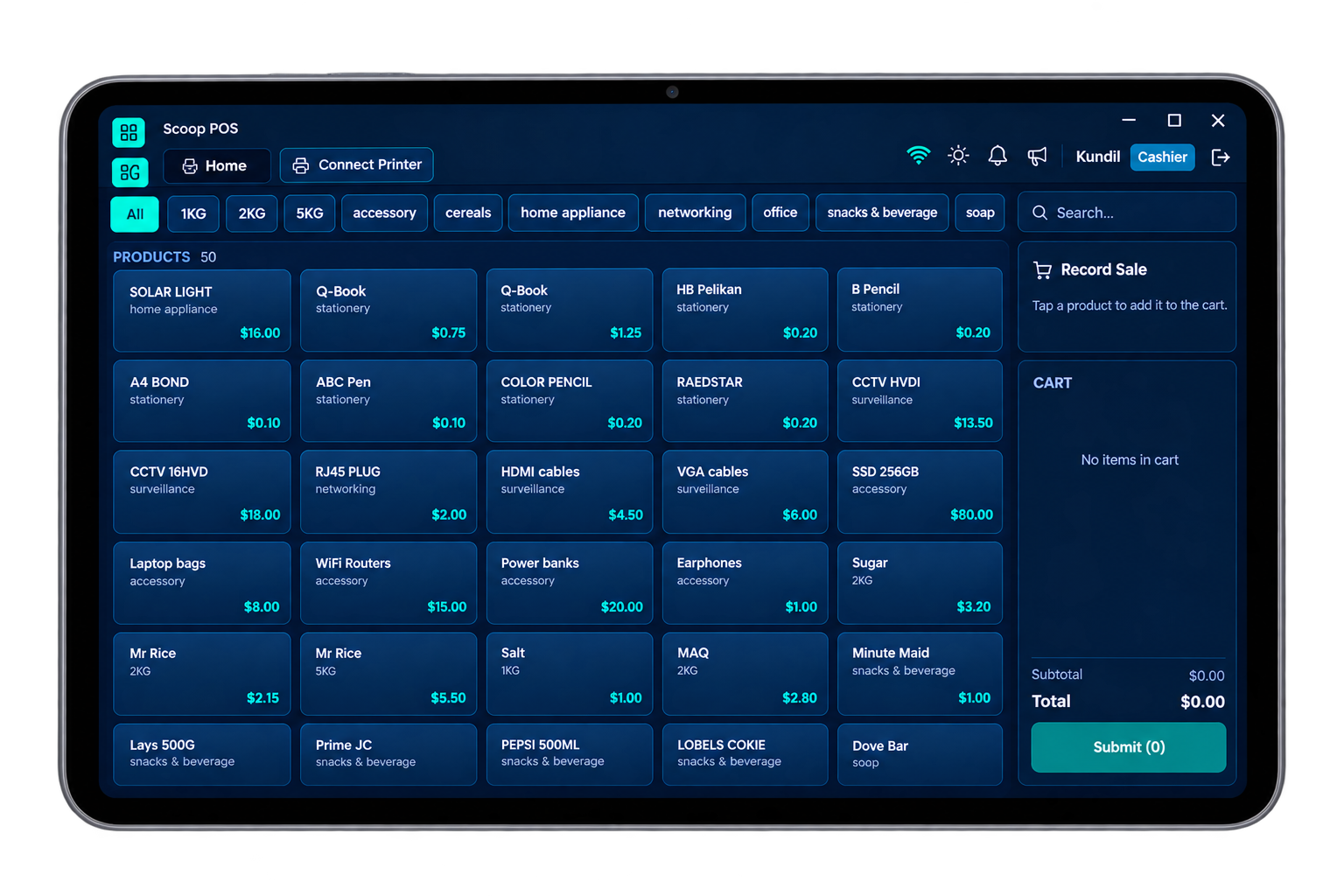 Scoop POS home screen in dark mode: product grid with the Record Sale panel and cart