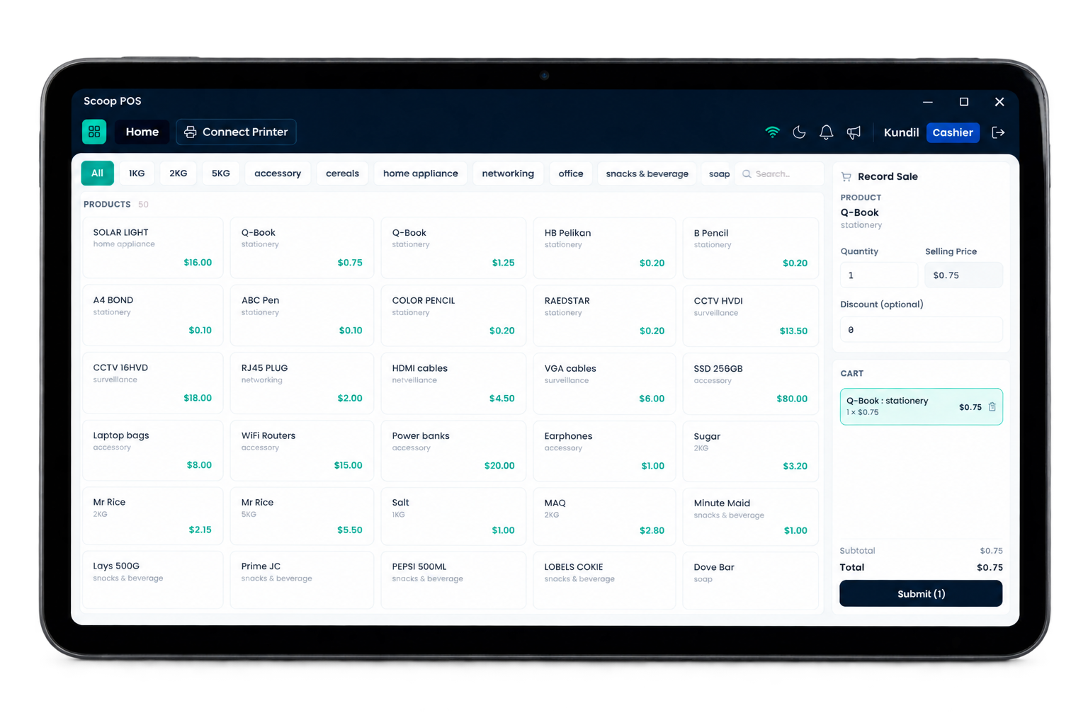 Scoop POS home screen in light mode: product grid with the Record Sale panel and cart