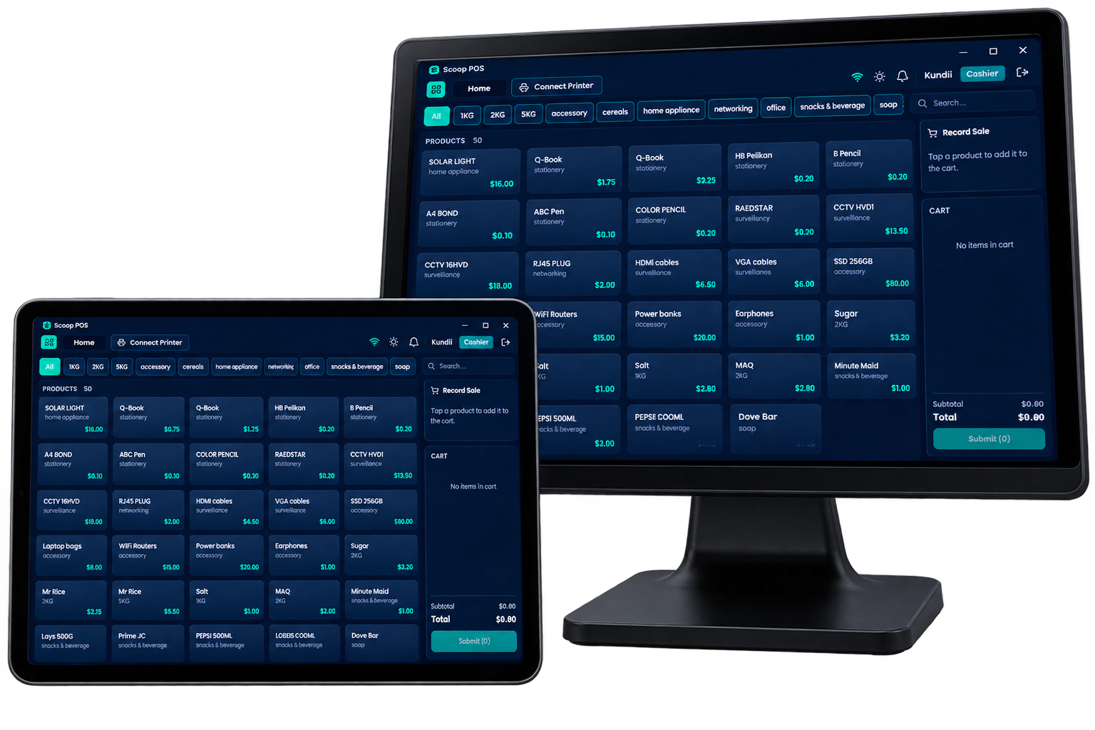 Scoop POS management dashboard showing sales, expenses, inventory, and yearly trend on a tablet