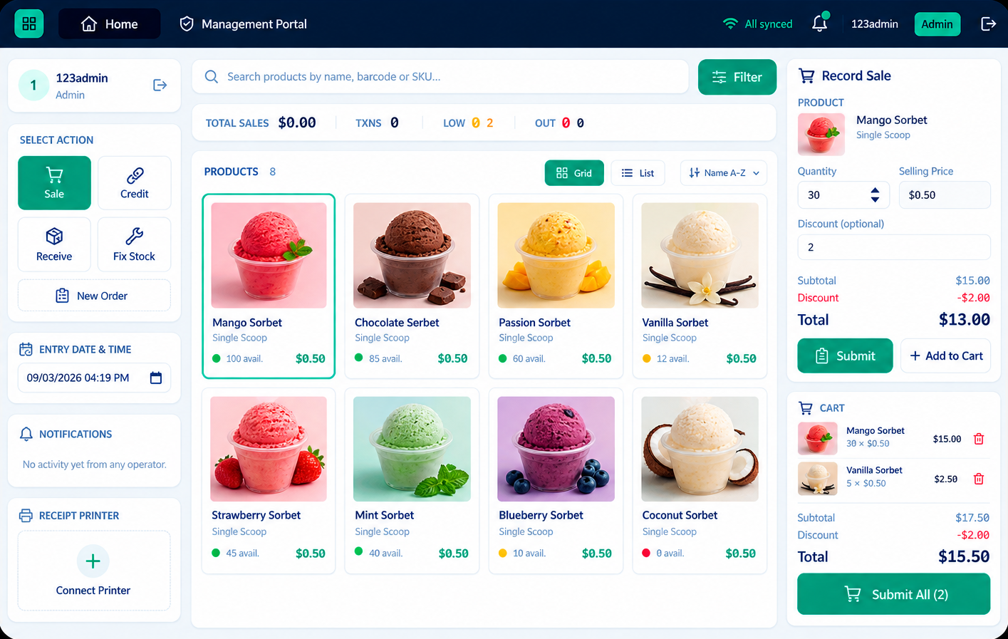 The Sell screen: product grid on the left, Record Sale panel and cart on the right