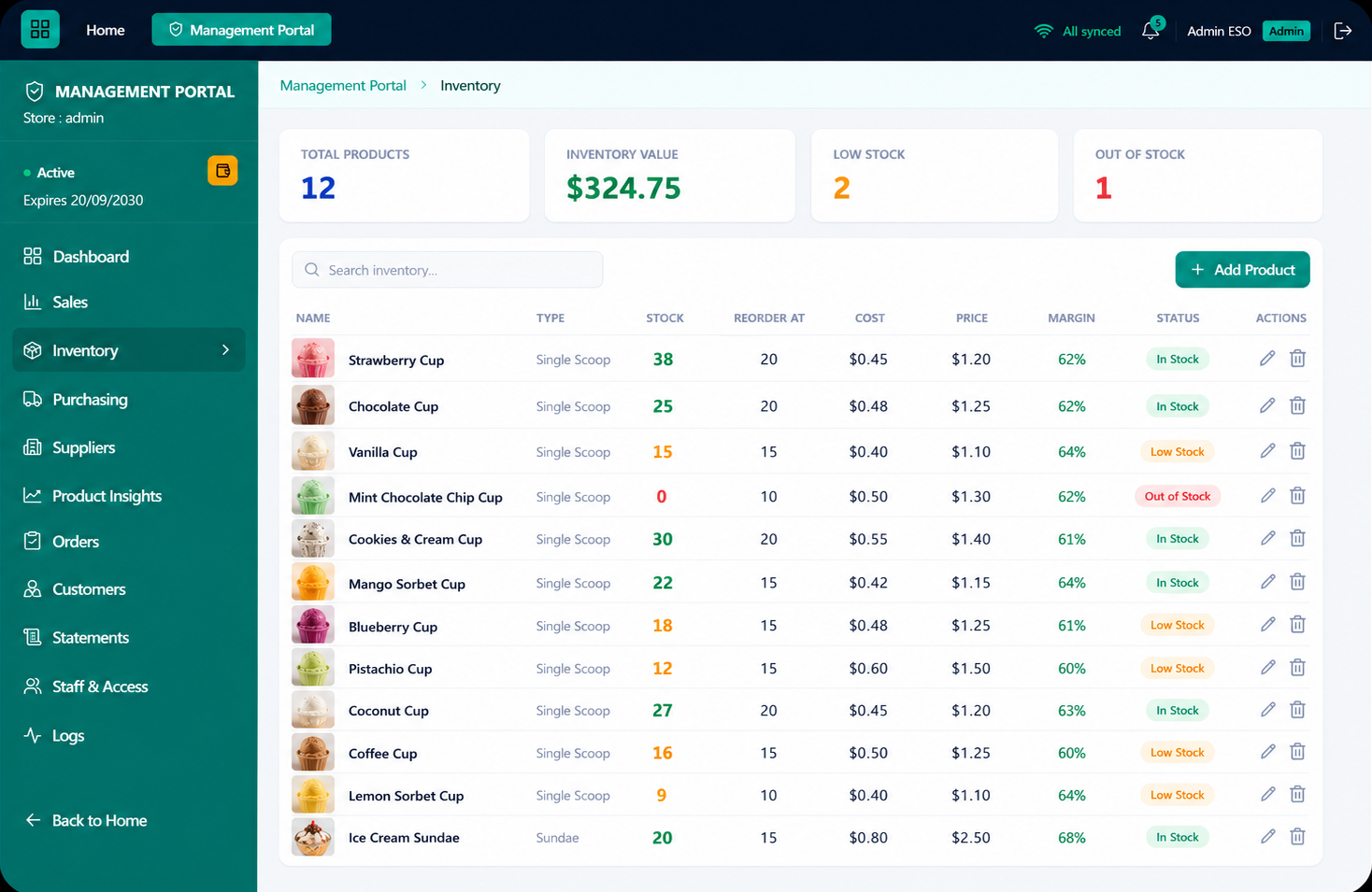 The Inventory screen: stock levels, reorder points, cost, price and margin for each product
